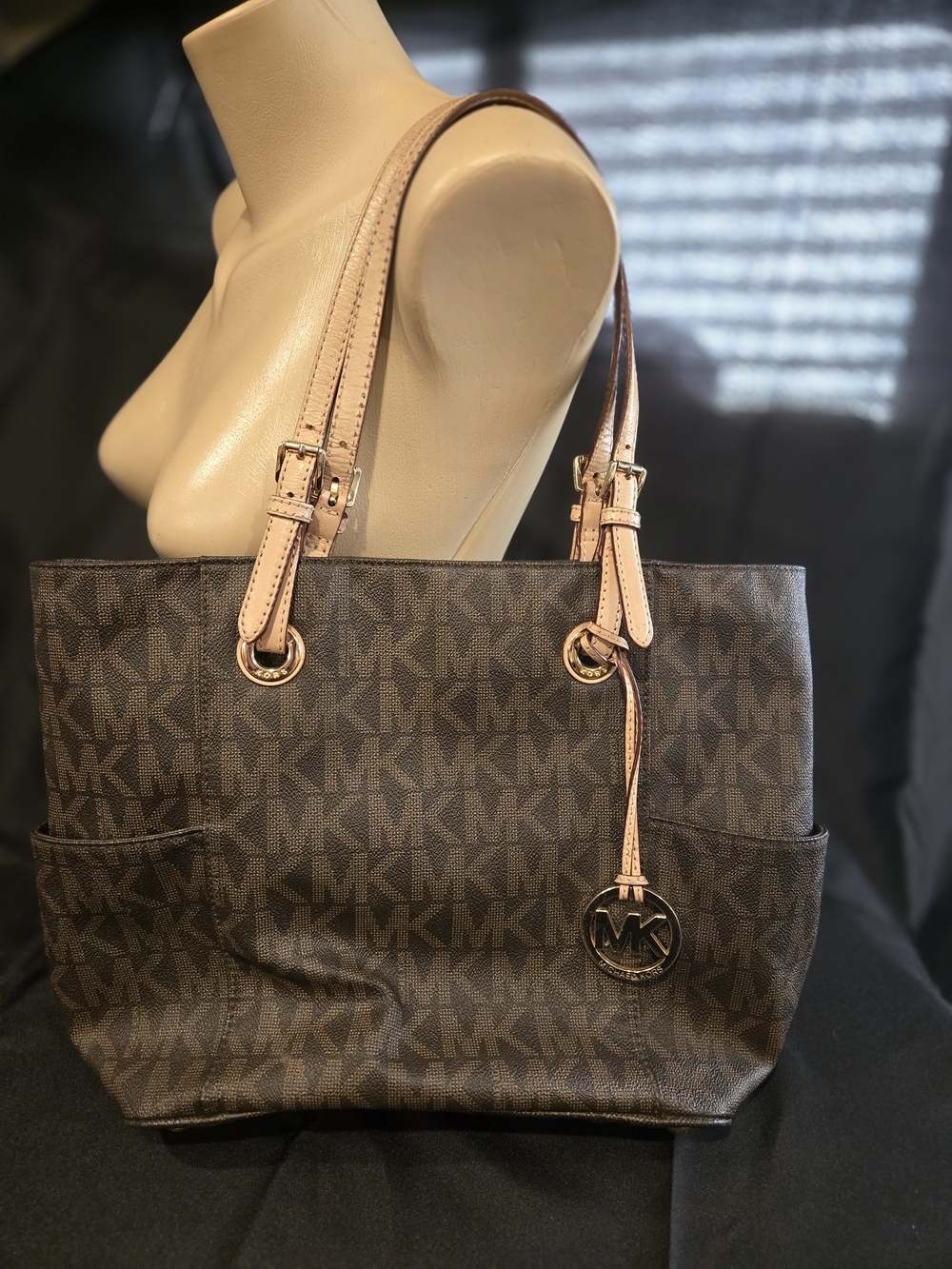 Michael Kors Brown Monogram Tote with Tan Leather Straps